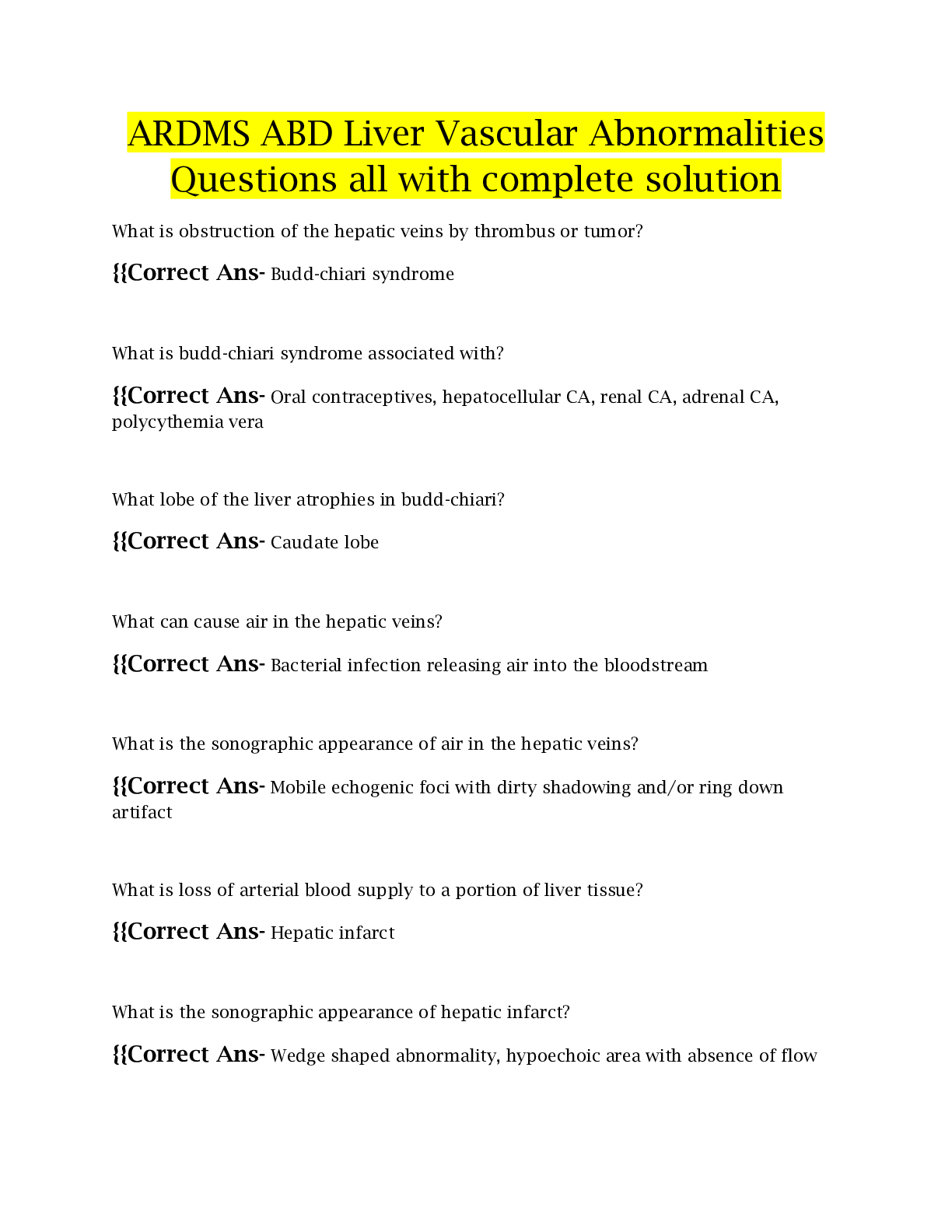 Preview image of ARDMS ABD Liver Vascular Abnormalities Questions all with complete solution document